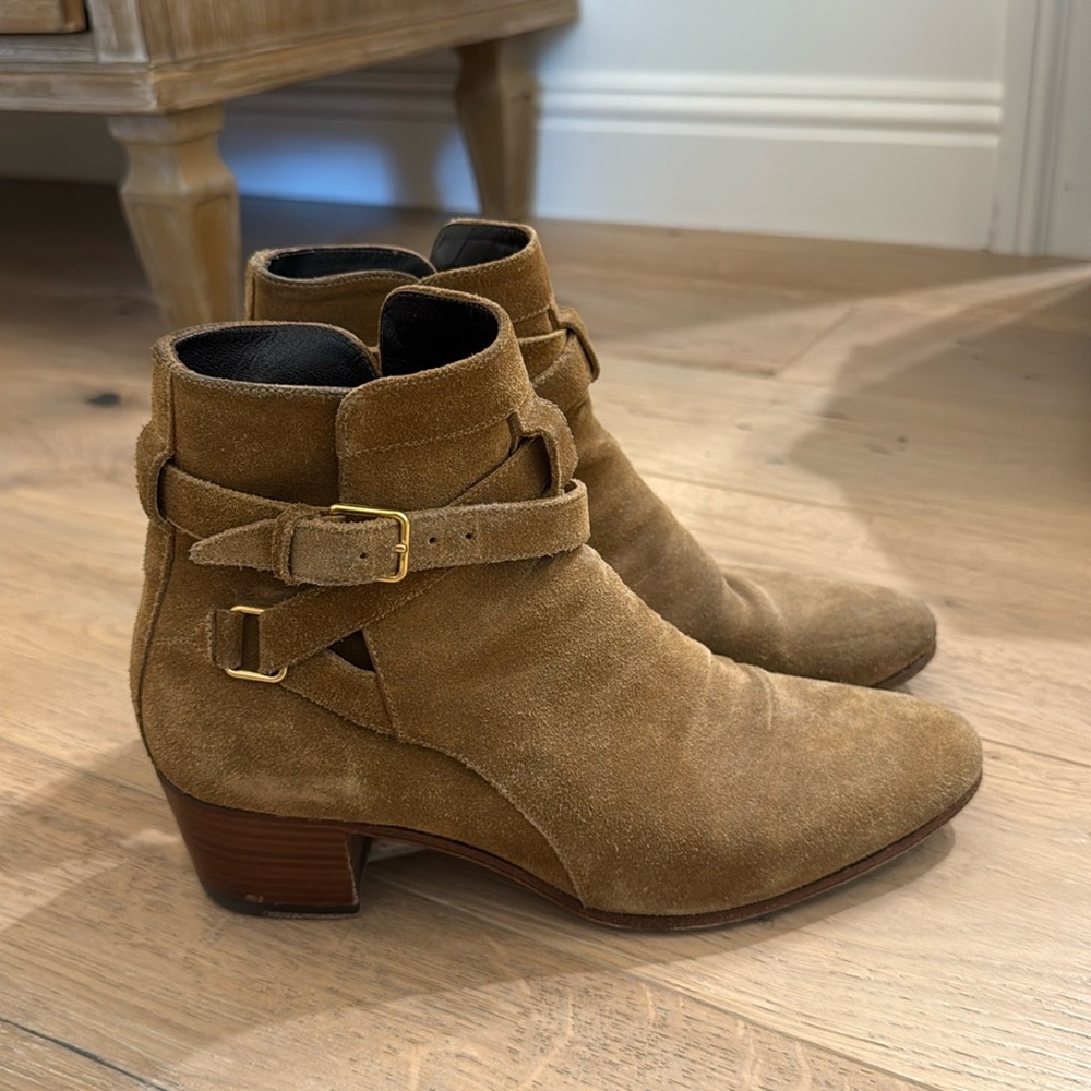 Saint Laurent Wyatt Suede Booties in Tan